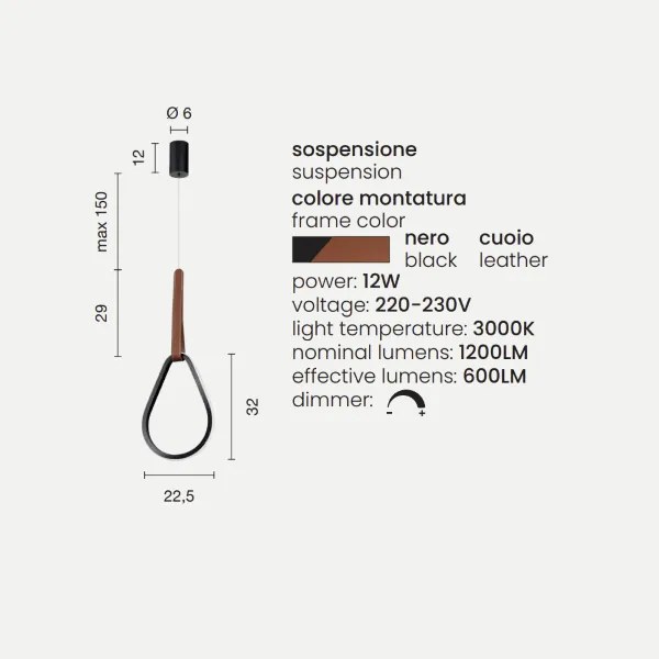 Lampada a sospensione Led REGOLI in metallo D22 cm con elemento in ecopelle DROP