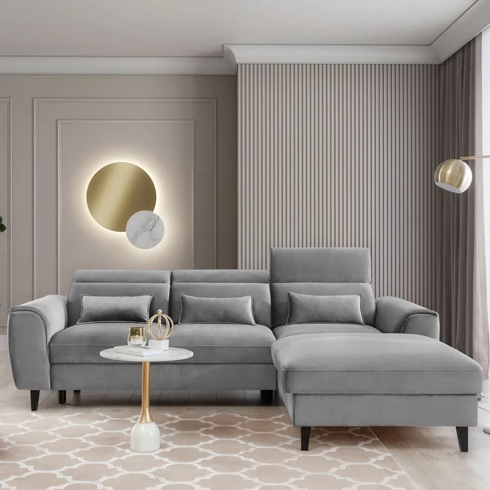 Divano angolare grigio allungabile/con contenitore (con penisola a destra/con chaise lounge) e rivestimento in velluto Foble – ELTAP