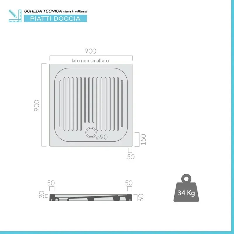 Piatto doccia 90x90 H 6 quadrato in ceramica bianca con antiscivolo