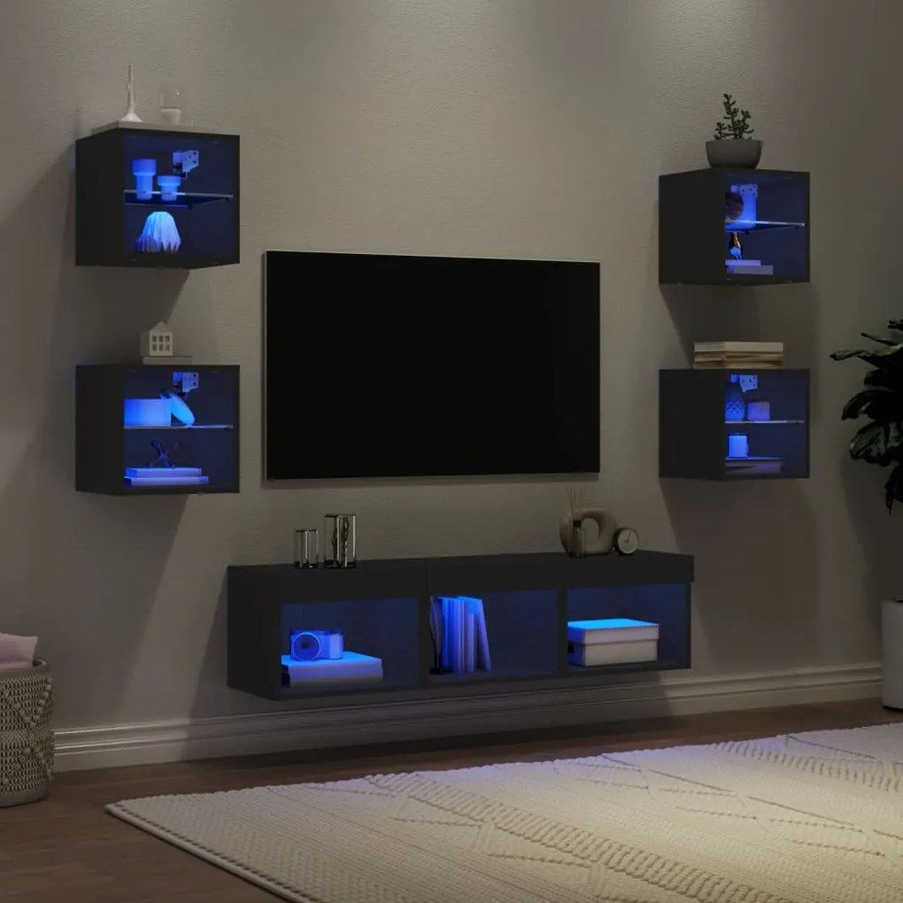 Mobili tv a muro con led 7pz neri in legno multistrato