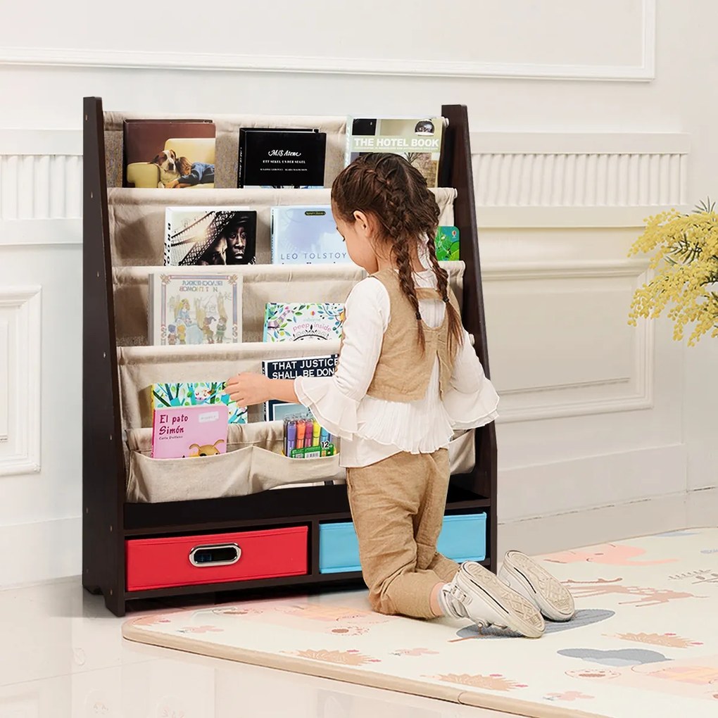 Costway Libreria con 4 mensole frontali e 2 scatole, Libreria design 2 in 1 per bambini Marrone