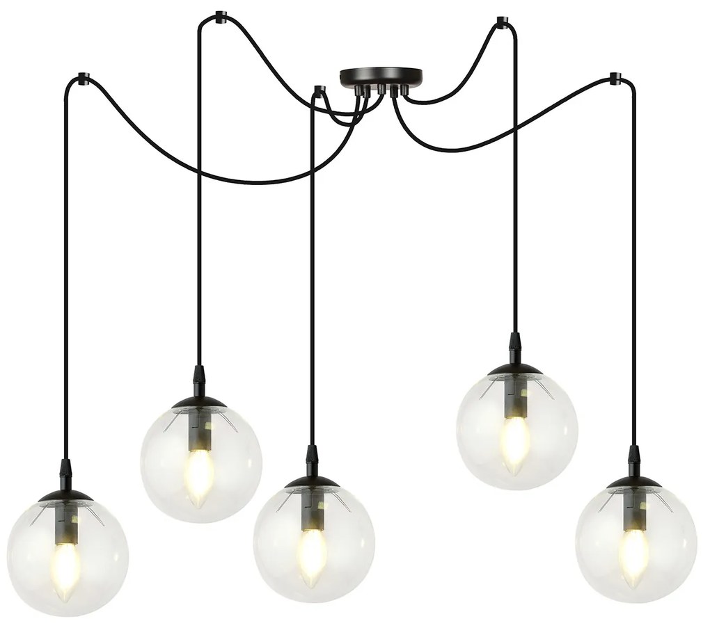 Lampadario 5 Luci Ginevra In Acciaio Nero Con Cavo Lungo E Vetri Trasparente