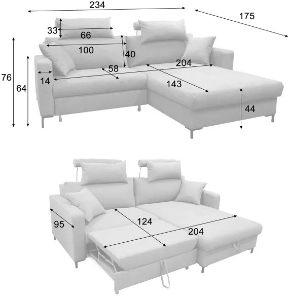 Divano letto angolare a L HORTA con contenitore, angolo destro, rosa