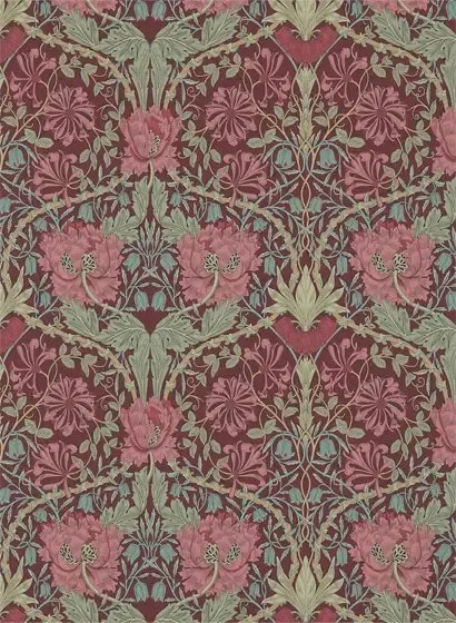 Morris & Co Carta da parati Honeysuckle & Tulip - Burgundy/ Sage
