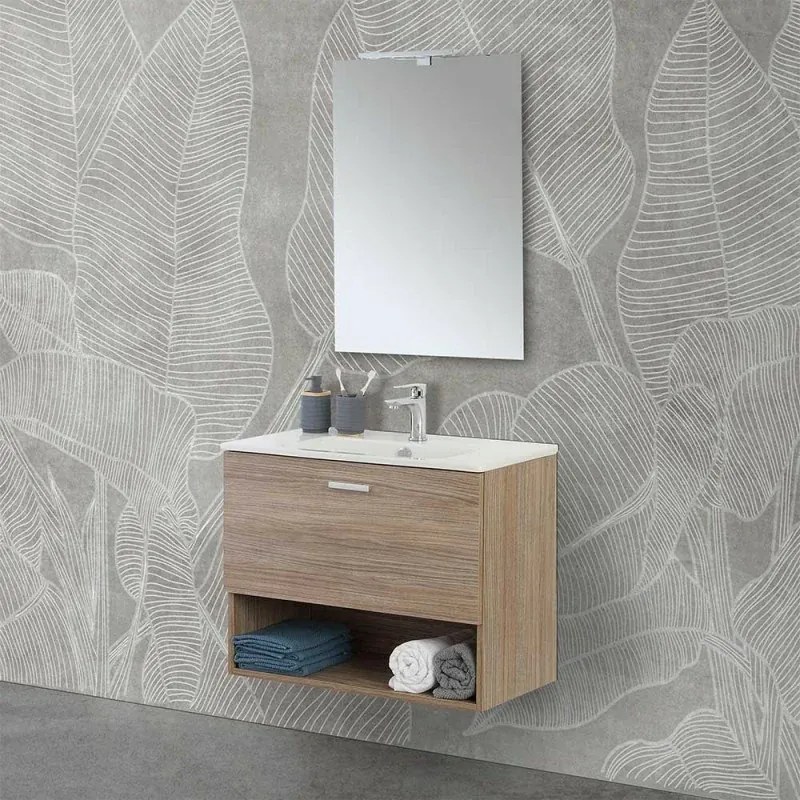 Mobile bagno sospeso 80 rovere tropea con lavabo e specchio LED Martha