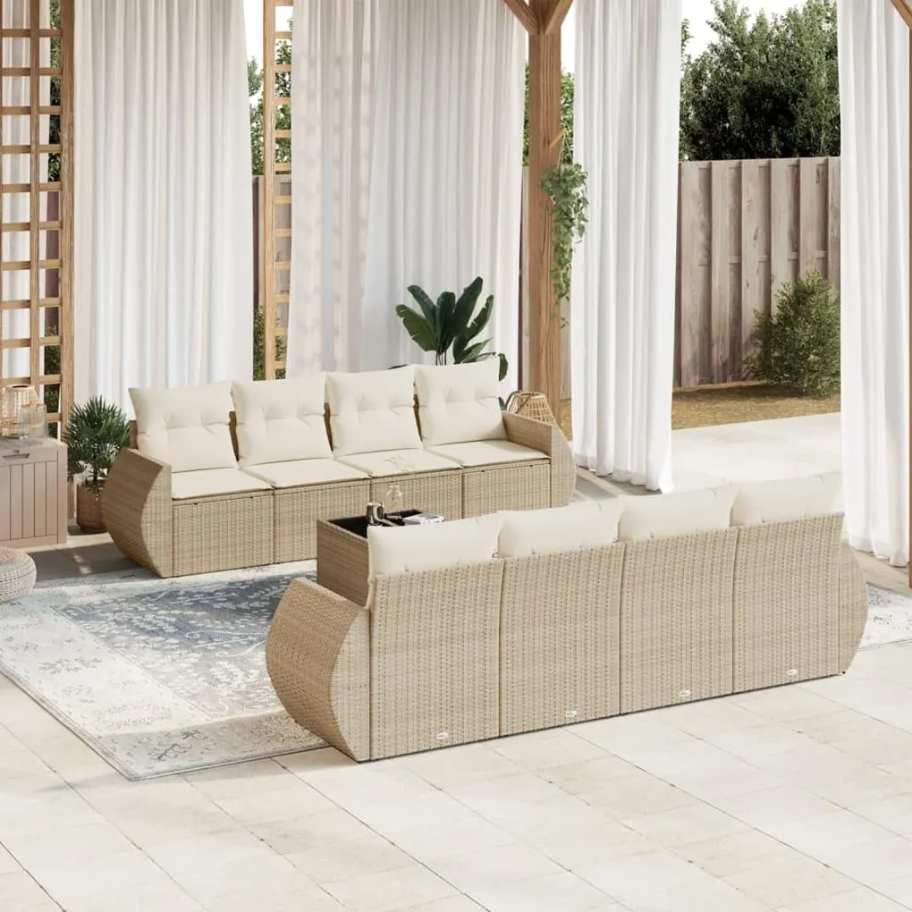 Set divano da giardino 9 pz con cuscini beige in polyrattan