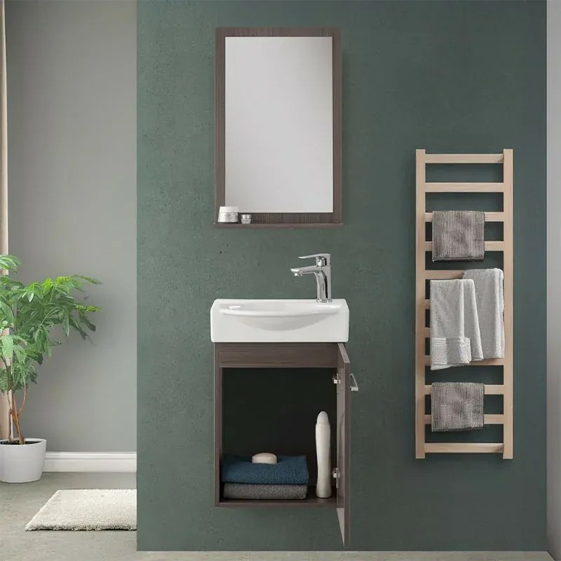 Mobiletto bagno sospeso 39 cm mini salvaspazio rovere scuro 1 anta Elys