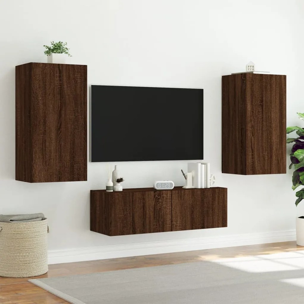 Mobili tv a muro 3pz con luci led rovere marrone