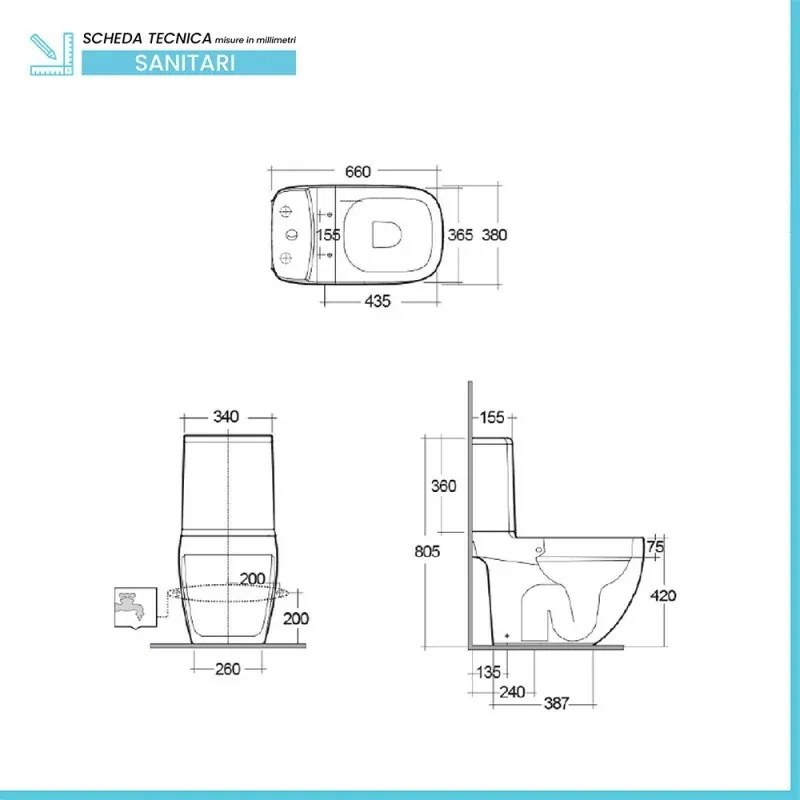 WC monoblocco tradizionale in ceramica con scarico Rimless, cassetta e sedile Rak Illusion