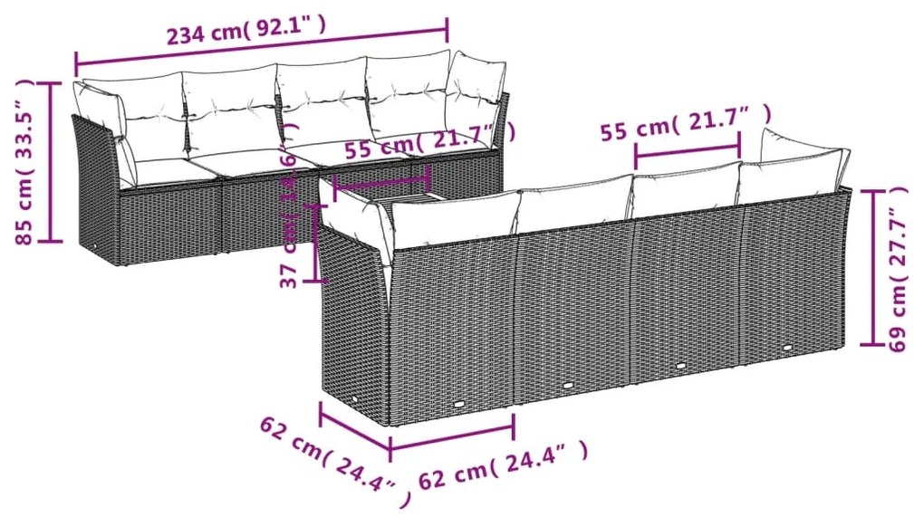 Set divani da giardino 9 pz con cuscini nero in polyrattan