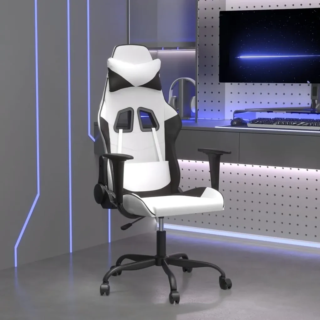 Sedia da gaming massaggiante bianco e nero in similpelle