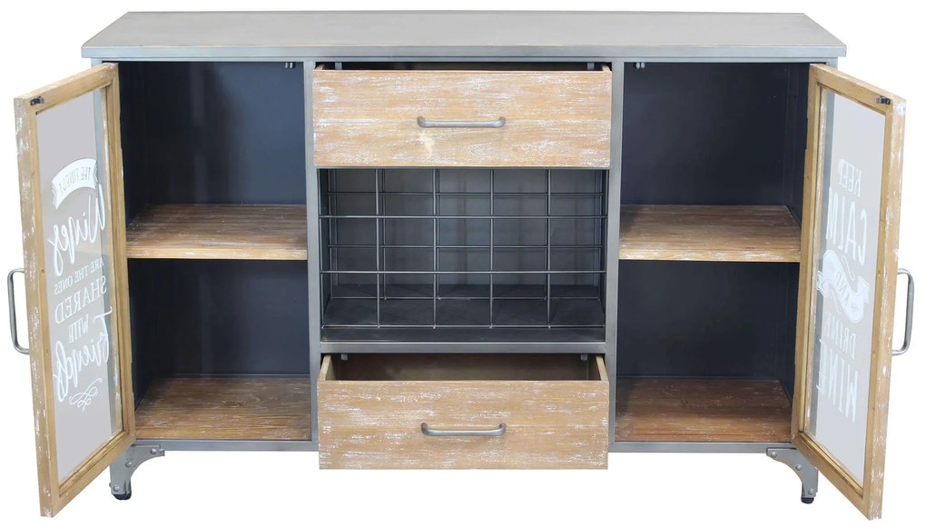 ORLY - madia industrial in acciaio e legno con portabottiglie