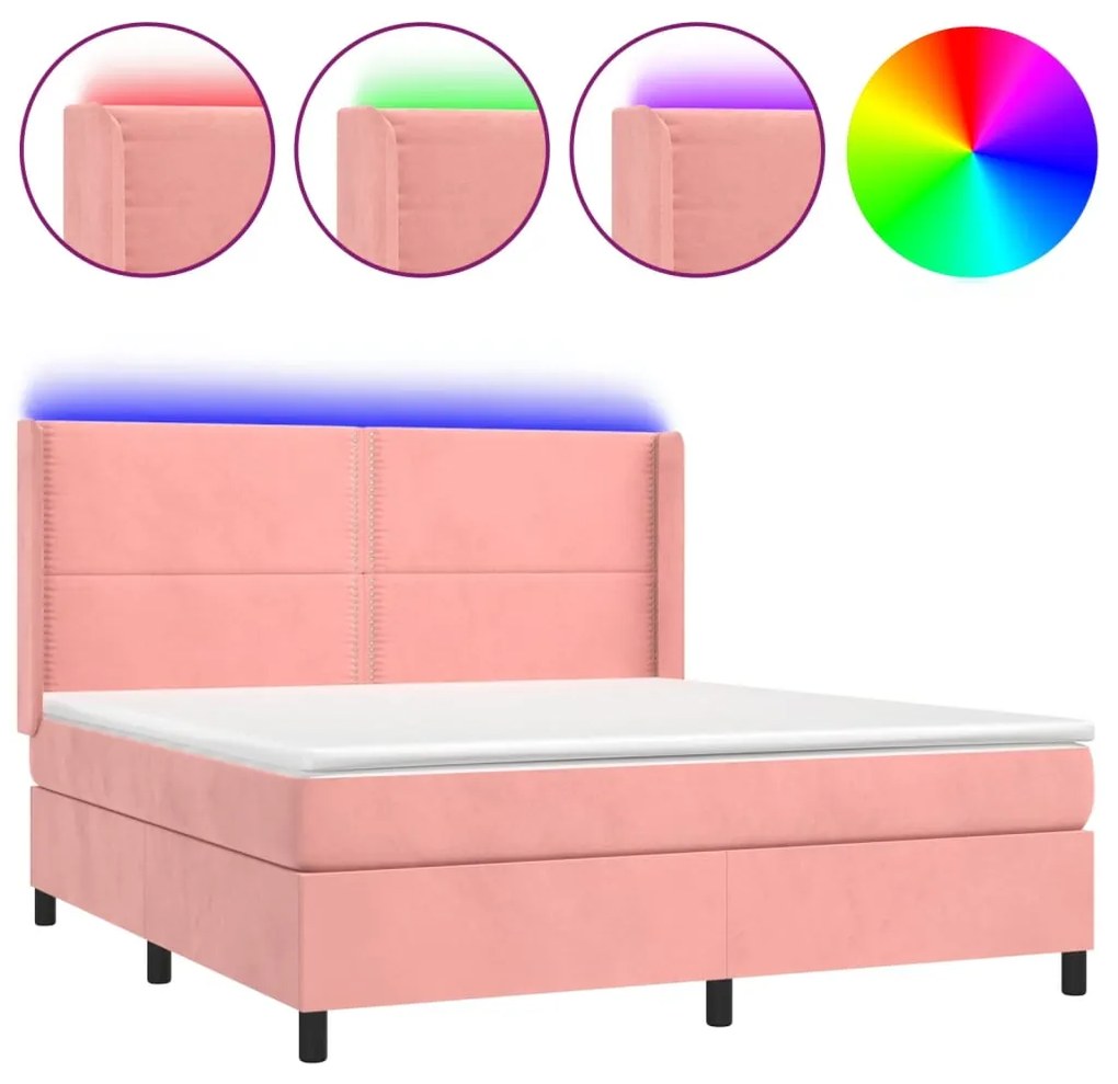 Letto a molle con materasso e led rosa 160x200 cm in velluto