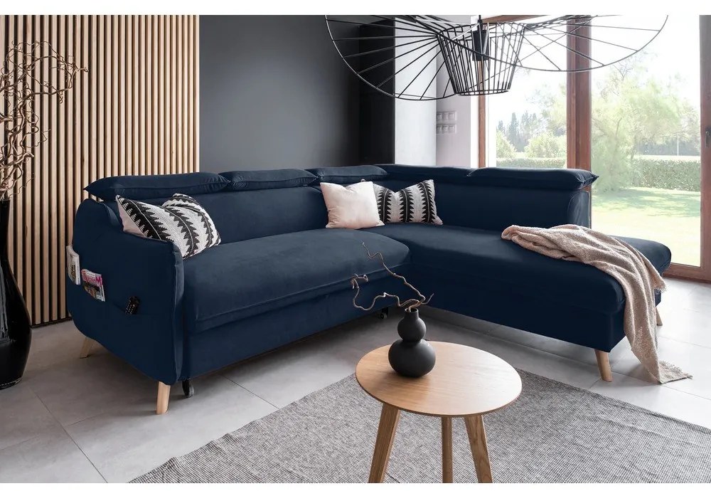 Divano letto angolare in velluto blu scuro (angolo destro) Sweet Harmony - Miuform