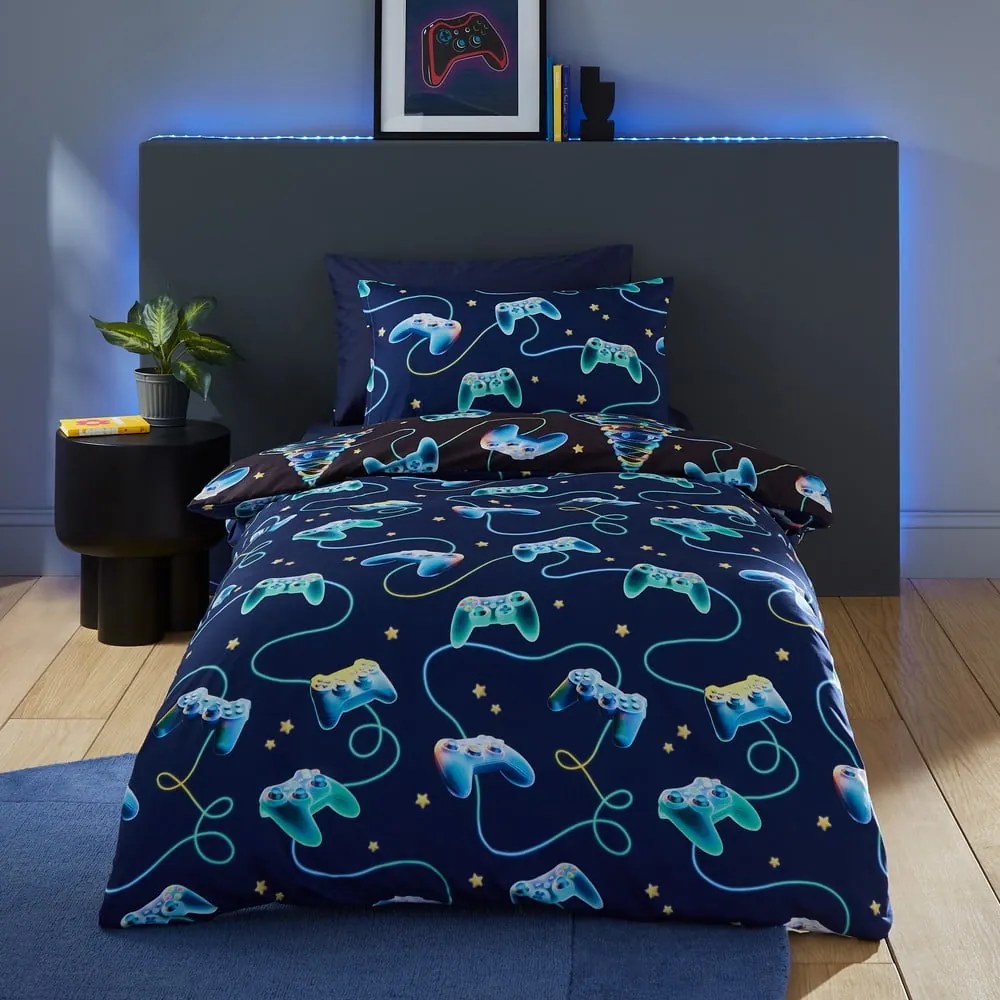 Set copripiumino e federa nero e blu per letto singolo 135x200 cm Christmas Gamer – Catherine Lansfield