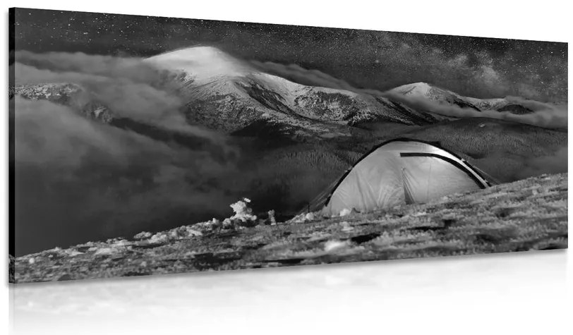 Quadro su tela – Tenda sotto il cielo notturno in bianco e nero