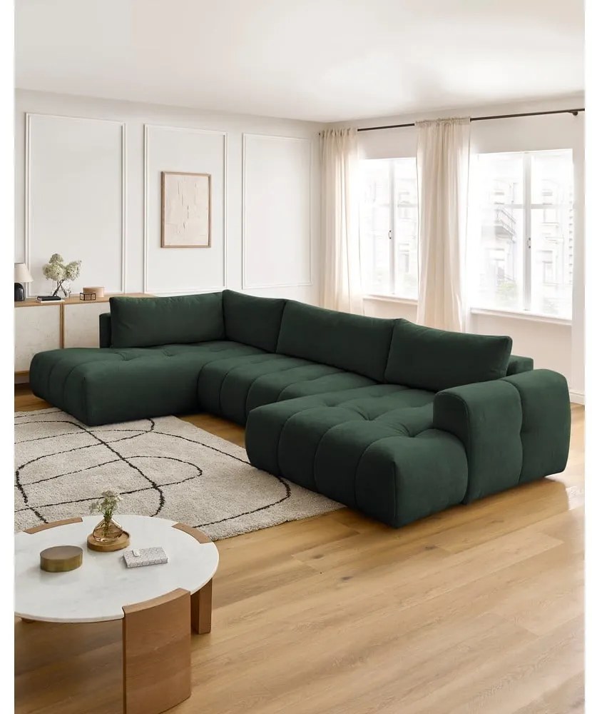 Divano angolare verde allungabile e con contenitore (penisola a sinistra/a U) con rivestimento in ciniglia Fuji – Bobochic Paris