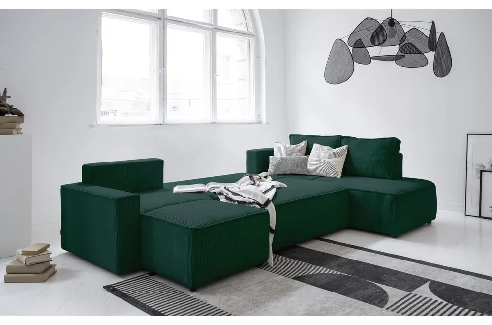 Divano letto angolare in velluto a coste verde scuro Brave Dave - Miuform