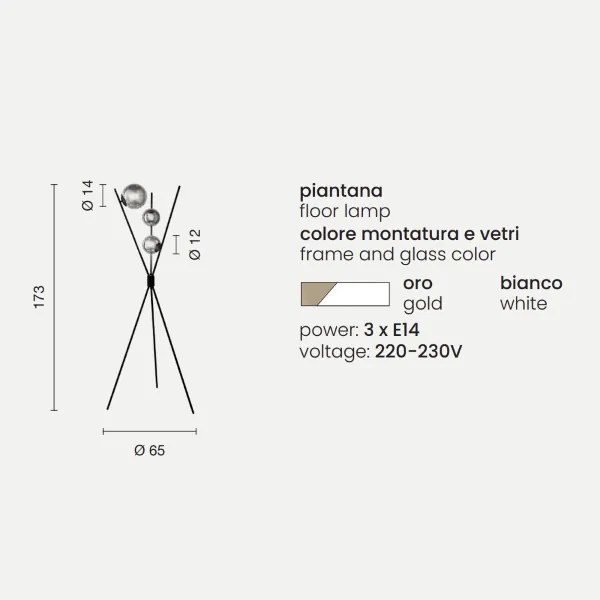 Piantana COROLLA in metallo verniciato con 3 diffusori a palla ORO