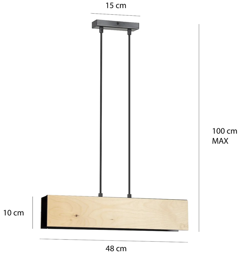 Lampadario 2 Luci Merlino In Acciaio Nero Corpo Rettangolare E Legno Naturale