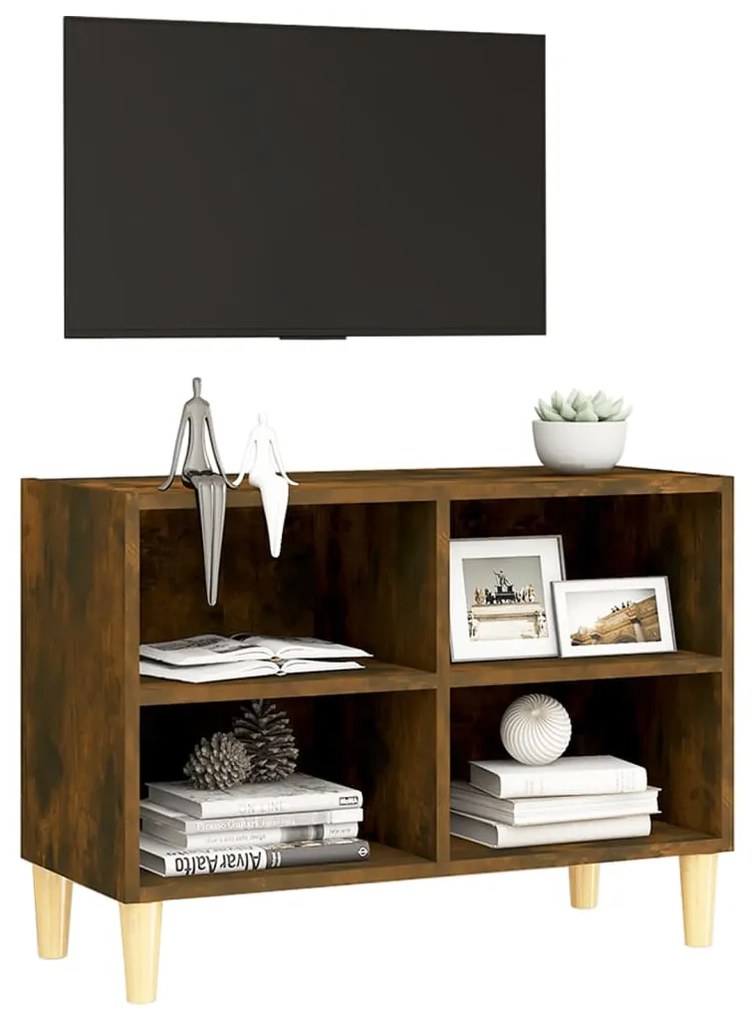 Mobile TV con Gambe in Legno Massello Rovere Fumo 69,5x30x50 cm