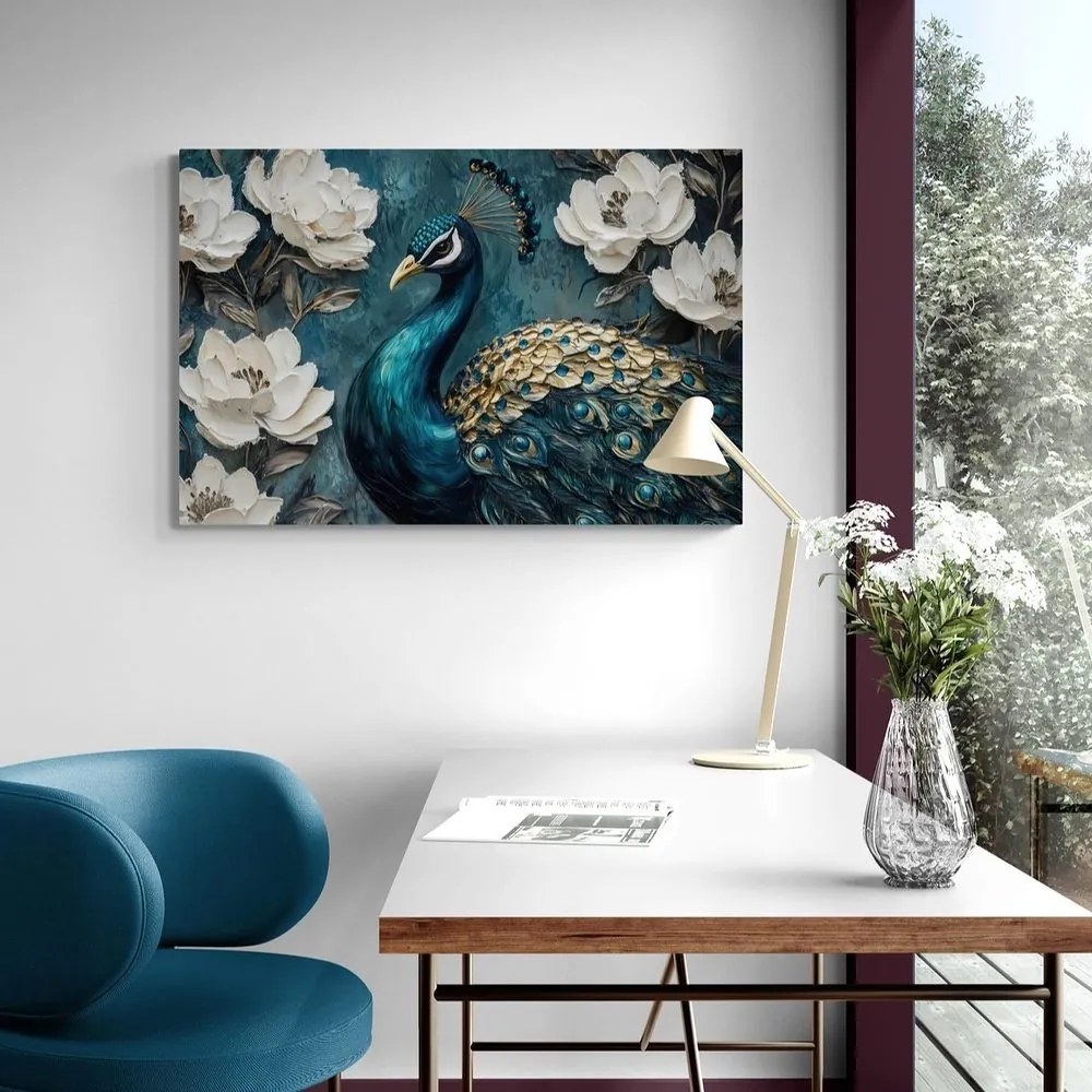 Quadro su tela – Ritratto di pavone tra i fiori