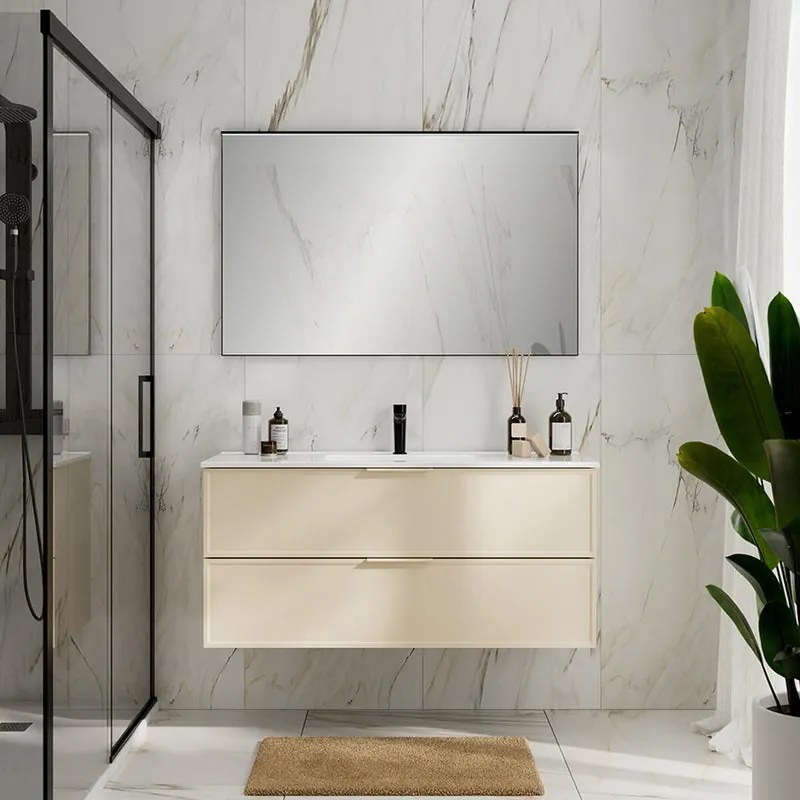Mobile da bagno sospeso Quadra avorio con lavabo in ceramica vasca centrale base con 2 cassetti a chiusura ammortizzata (estrazione parziale), con maniglia in alluminio laccato avorio L120 H57 P45 cm