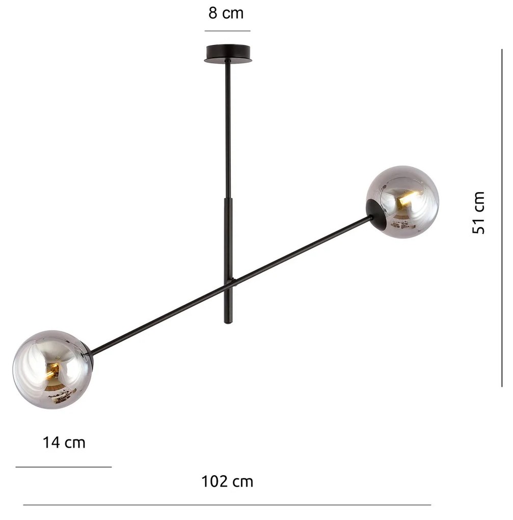 Lampadario 2 Luci Linear In Acciao Nero Con Bracci Regolabili E Vetro Fumè