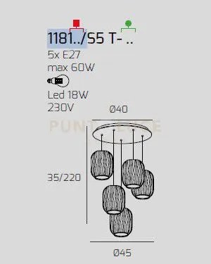 Sospensione cromo 5 luci tonda vetri blu 1181cr-s5 t-bl