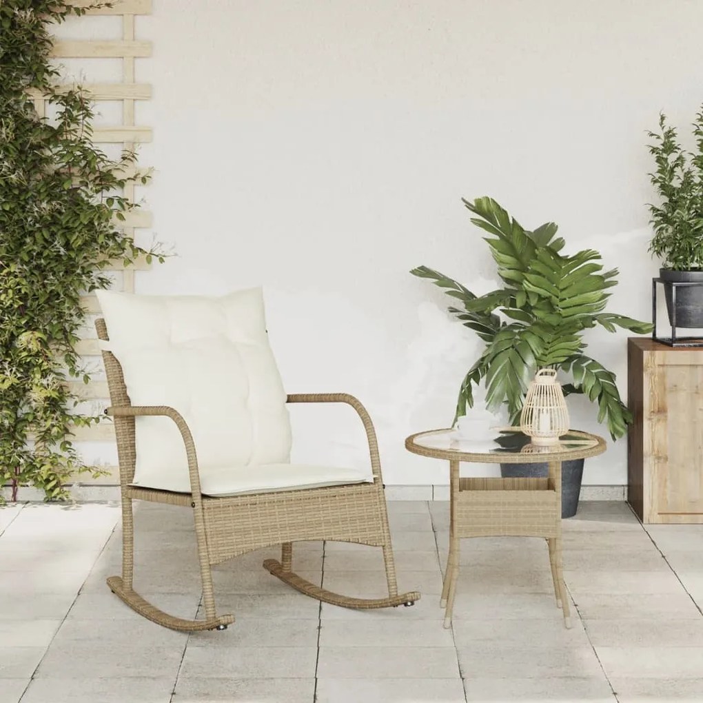 Sedia a dondolo da giardino con cuscini in polyrattan beige