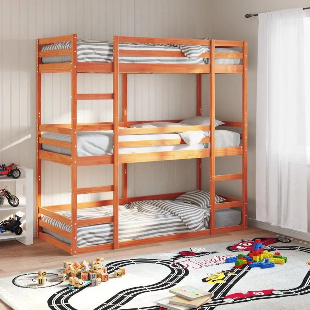 Letto Castello Triplo Marrone Cera 75x190cm Legno Massello Pino /