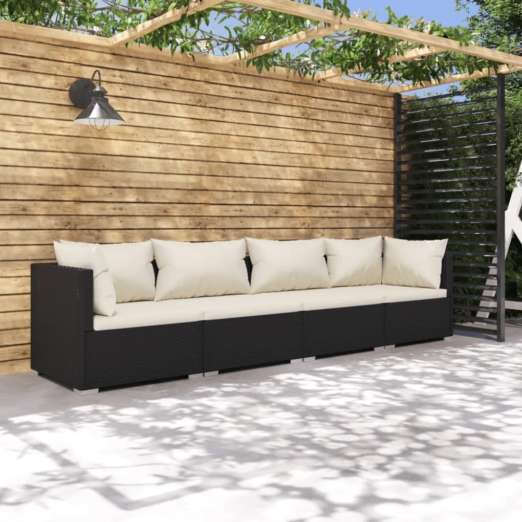 Set divani da giardino 4 pz con cuscini in polyrattan nero