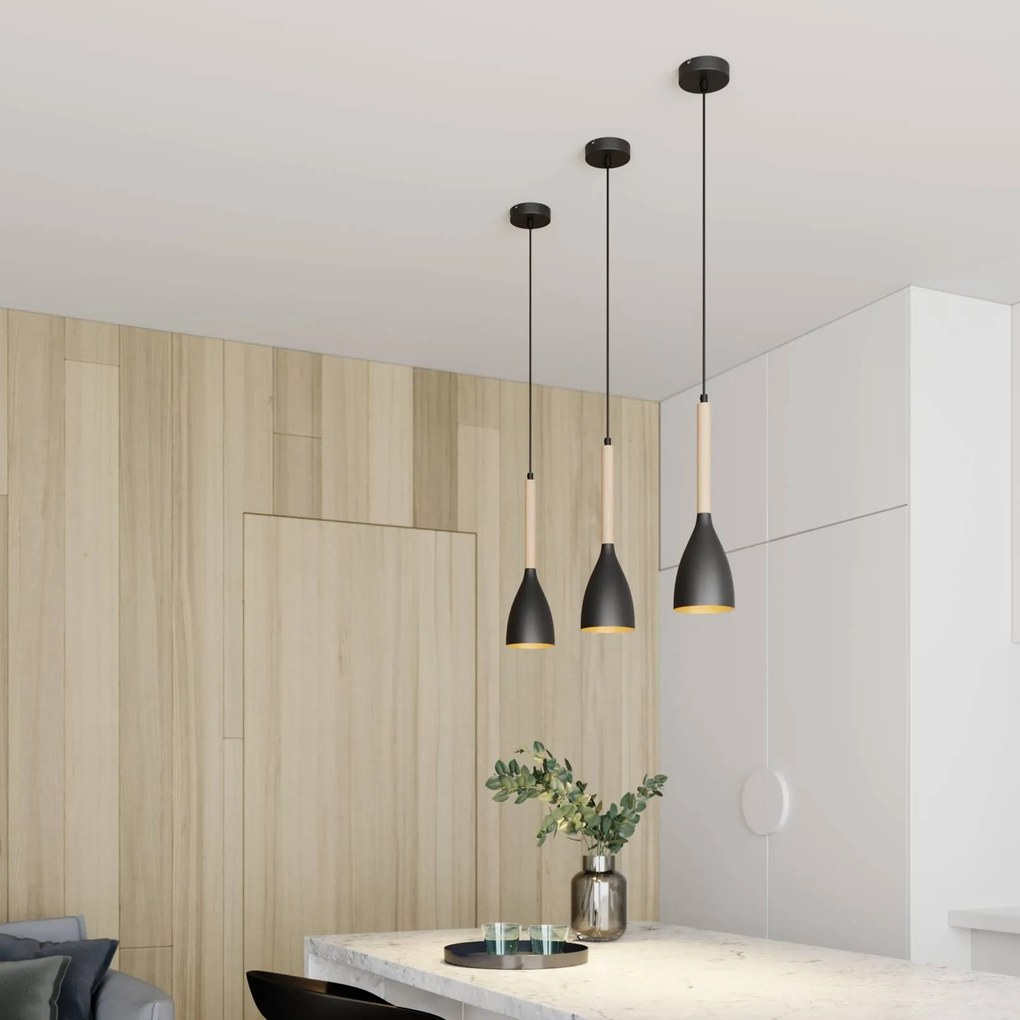 Luminex Lampada a sospensione Muza, nero/legno chiaro, Ø 11 cm