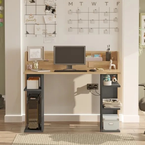 Scrivania Moderna Porta PC 120x58x98 Con Ripiani Laterali Pixel Rovere E Antracite