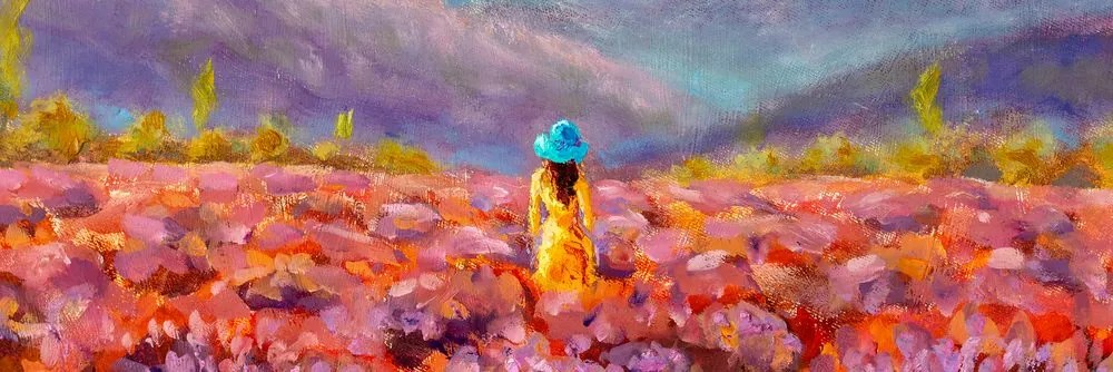 Quadro su tela – Ragazza in abito giallo in un campo di lavanda
