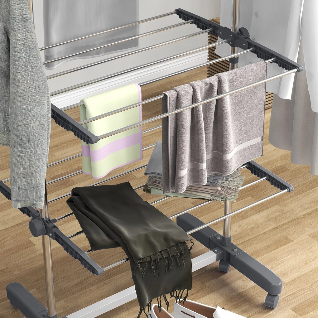 Stendino Verticale 4 Ripiani Regolabili 142x55x172 cm in Acciaio e Plastica Grigio e Argento...