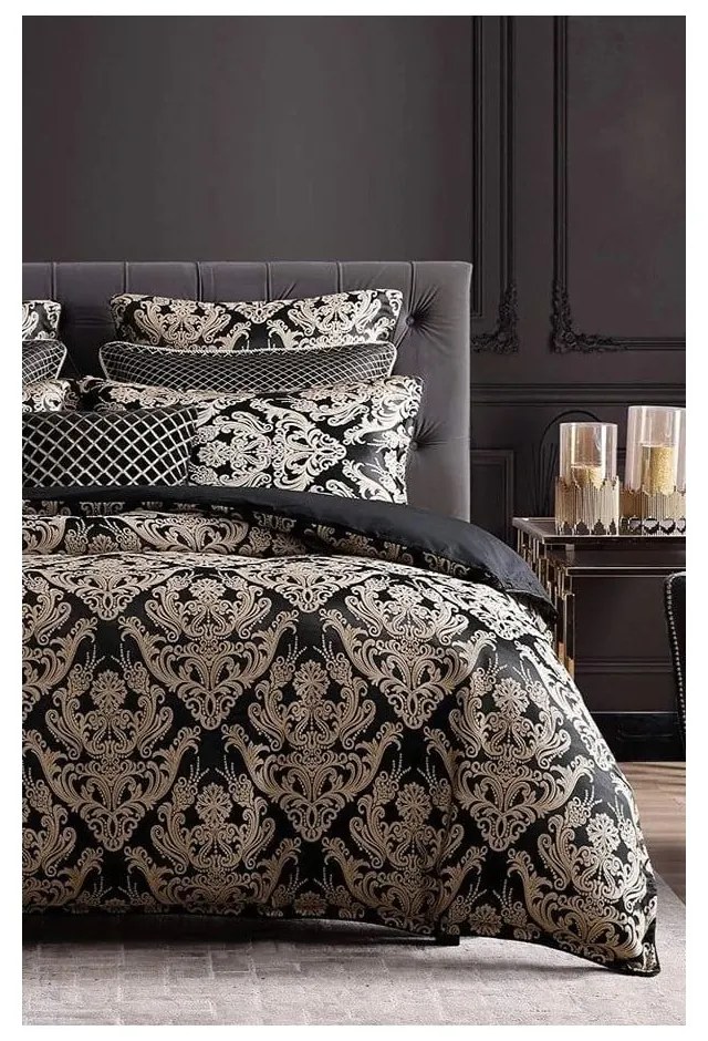 Set copripiumino e federa nero in cotone renforcé per letto matrimoniale/per letto esteso con lenzuolo incluso/4 pezzi 200x220 cm Damask – Mila Home