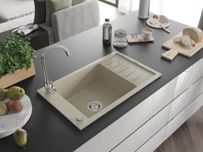 Mexen Elias lavello in granito a 1 vasca con sgocciolatoio 795 x 480 mm, beige, sifone cromato - 6511791005-69