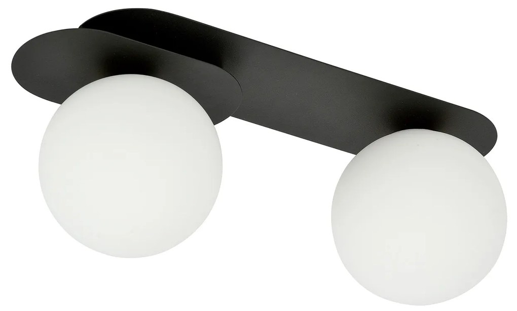 Plafoniera Minimal 2 Luci Teia In Acciaio Nero E Sfere Vetro Opale