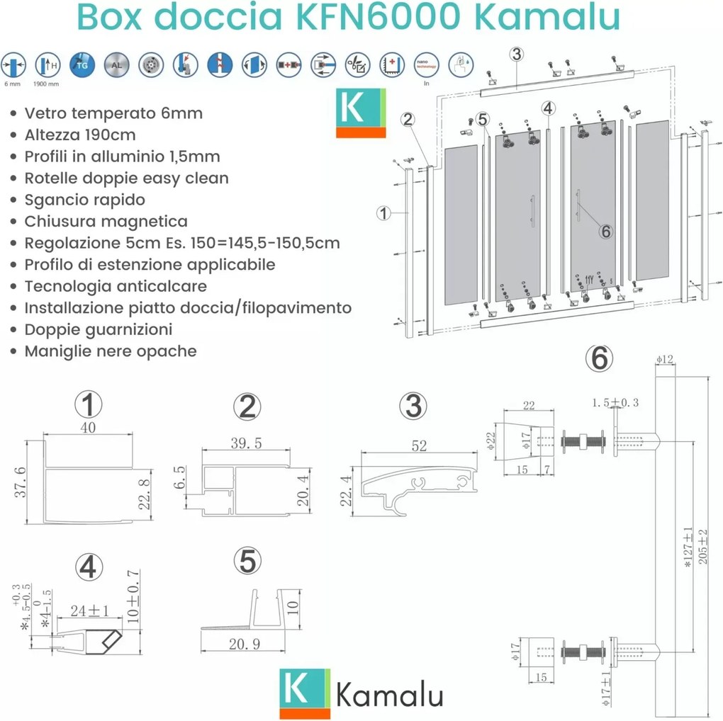 Nicchia doccia 200cm doppio scorrevole anticalcare telaio nero KFN6000 - KAMALU