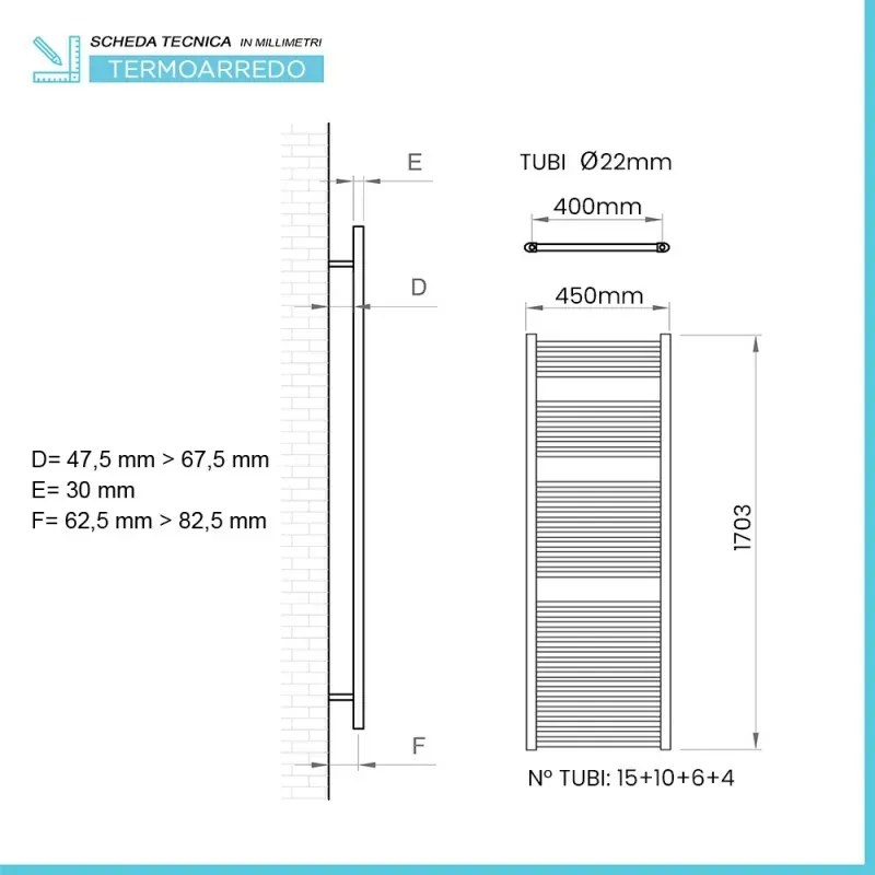 Termoarredo scaldasalviette 450x1703 bianco con interasse 40 cm Sanremo