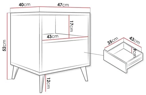 Comodino OVESSI 52x47 cm nero/quercia artisan
