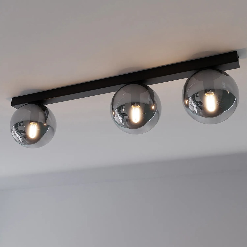 Plafoniera Moderna 3 Luci Giapeto Barra In Acciaio Nero E Sfere Di Vetro Fumè