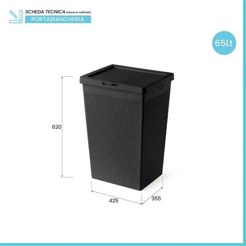 Cesta portabiancheria 65 lt nera in plastica riciclata