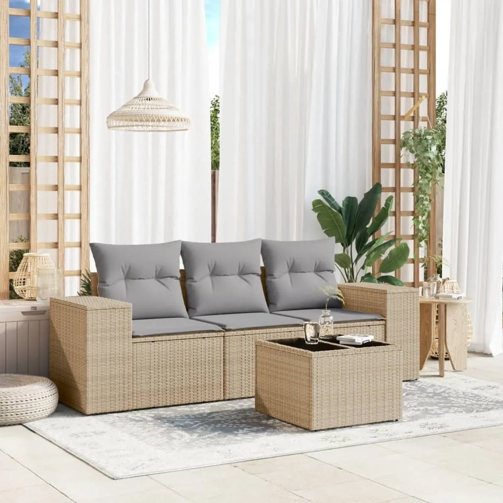 Set divano da giardino 4 pz con cuscini beige in polyrattan