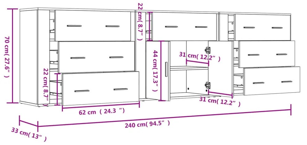 Credenze 3 pz Rovere Fumo in Legno Multistrato