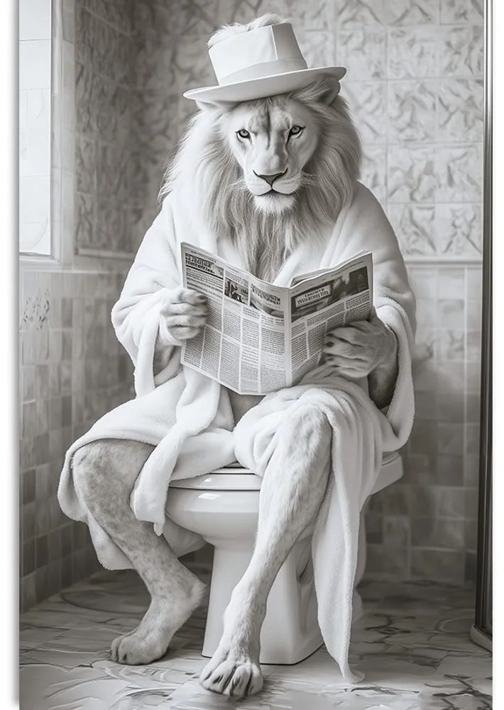 Quadro su tela – Leone bianco con giornali in bagno