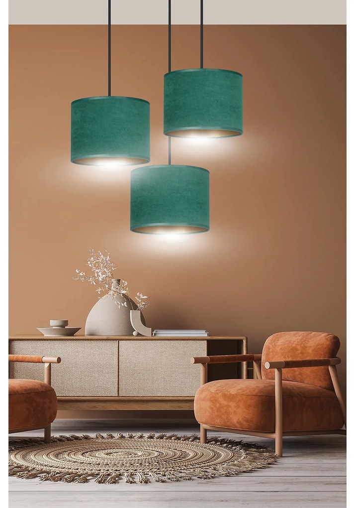 Lampadario Tondo 3 Luci Ganesha In Acciaio Nero E Paralumi In Tessuto Verde