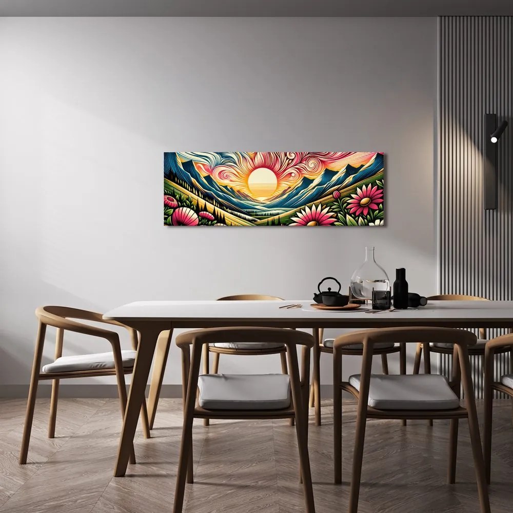 Quadro su tela – Paesaggio solare con fiori e montagne