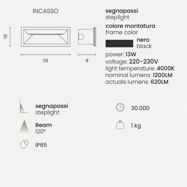 Lampada applique a incasso SHADE 25x9 cm per esterni in alluminio Nero